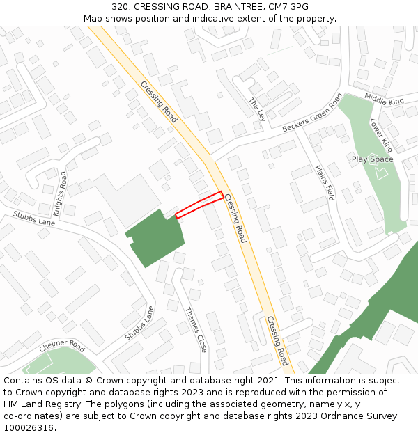 320, CRESSING ROAD, BRAINTREE, CM7 3PG: Location map and indicative extent of plot