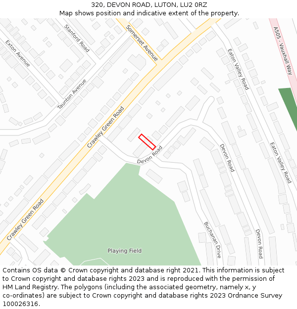 320, DEVON ROAD, LUTON, LU2 0RZ: Location map and indicative extent of plot