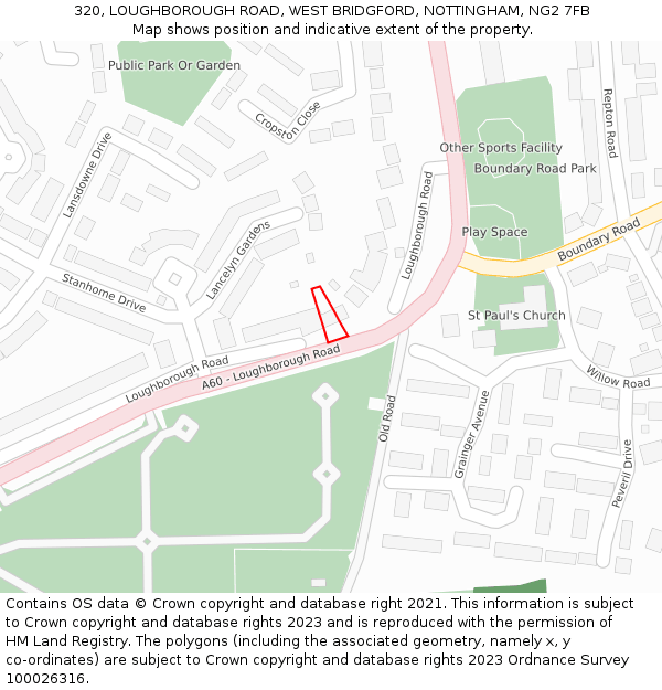 320, LOUGHBOROUGH ROAD, WEST BRIDGFORD, NOTTINGHAM, NG2 7FB: Location map and indicative extent of plot