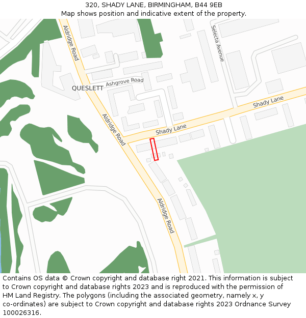 320, SHADY LANE, BIRMINGHAM, B44 9EB: Location map and indicative extent of plot