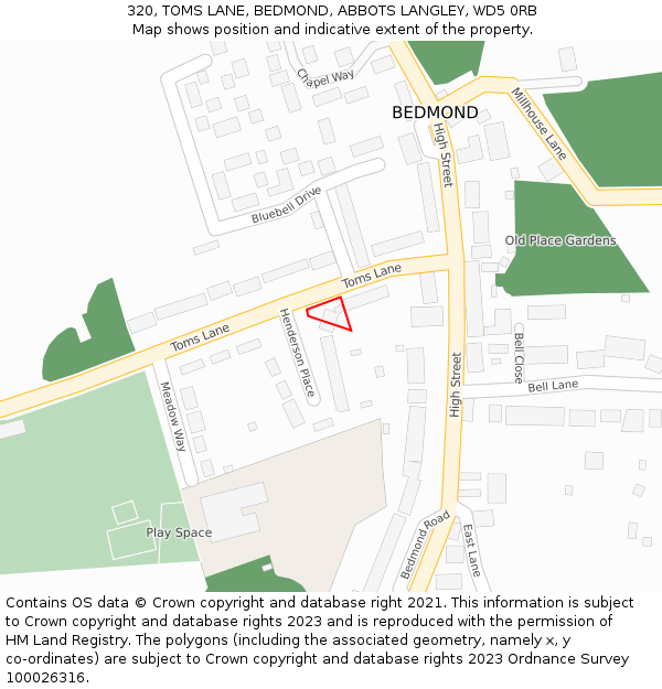 320, TOMS LANE, BEDMOND, ABBOTS LANGLEY, WD5 0RB: Location map and indicative extent of plot