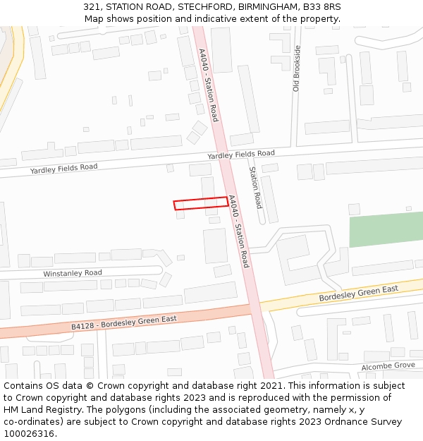 321, STATION ROAD, STECHFORD, BIRMINGHAM, B33 8RS: Location map and indicative extent of plot