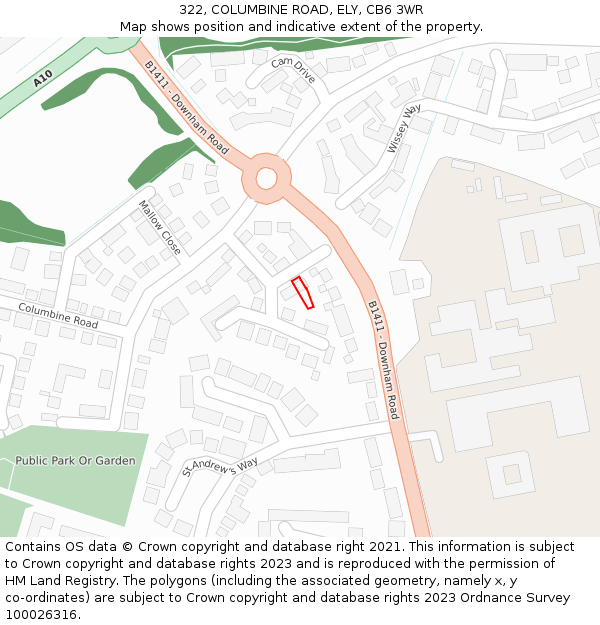 322, COLUMBINE ROAD, ELY, CB6 3WR: Location map and indicative extent of plot