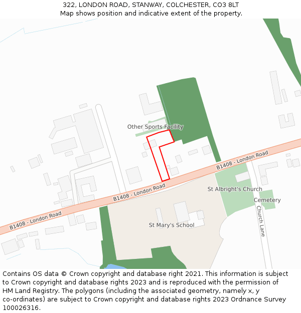 322, LONDON ROAD, STANWAY, COLCHESTER, CO3 8LT: Location map and indicative extent of plot