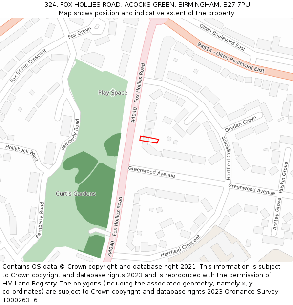 324, FOX HOLLIES ROAD, ACOCKS GREEN, BIRMINGHAM, B27 7PU: Location map and indicative extent of plot