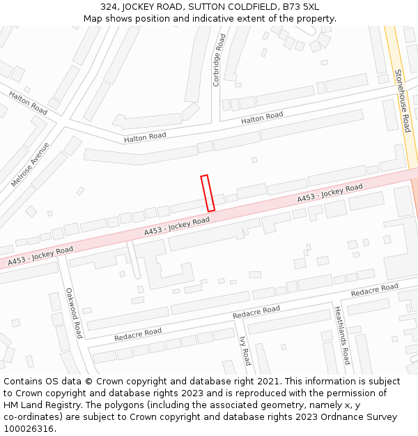 324, JOCKEY ROAD, SUTTON COLDFIELD, B73 5XL: Location map and indicative extent of plot