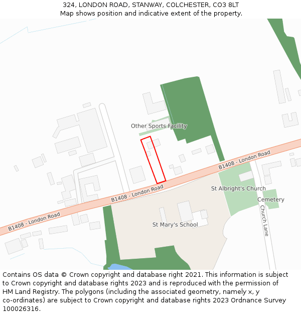 324, LONDON ROAD, STANWAY, COLCHESTER, CO3 8LT: Location map and indicative extent of plot