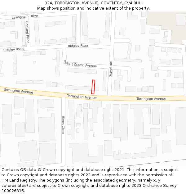 324, TORRINGTON AVENUE, COVENTRY, CV4 9HH: Location map and indicative extent of plot