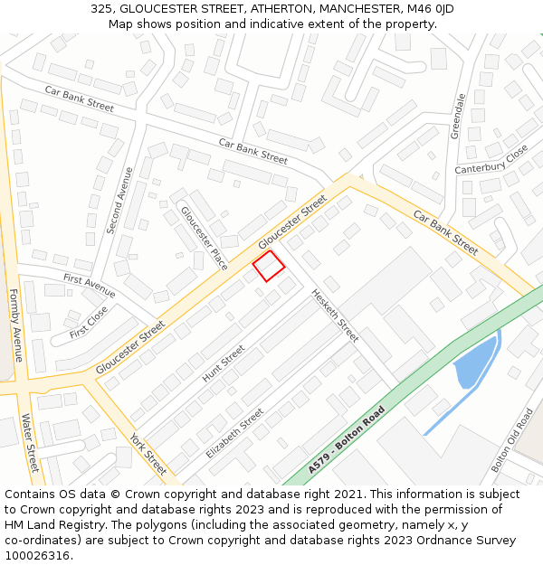 325, GLOUCESTER STREET, ATHERTON, MANCHESTER, M46 0JD: Location map and indicative extent of plot