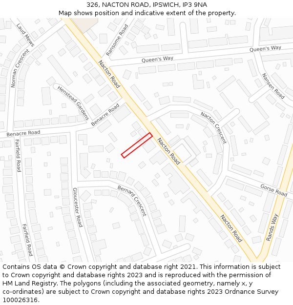 326, NACTON ROAD, IPSWICH, IP3 9NA: Location map and indicative extent of plot