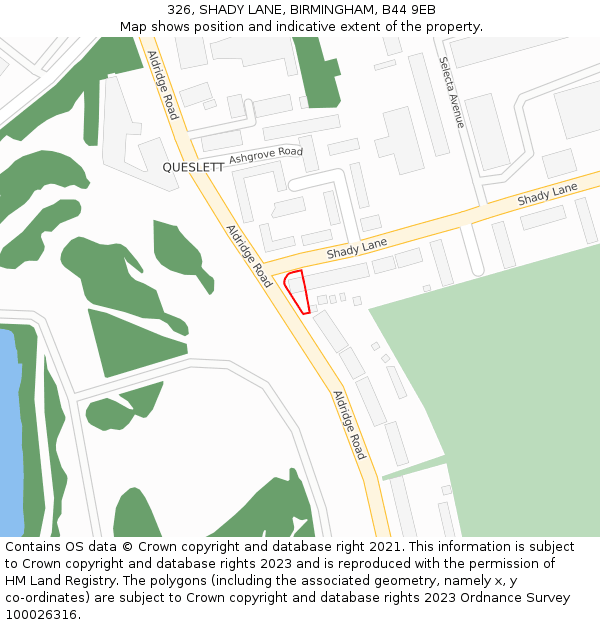 326, SHADY LANE, BIRMINGHAM, B44 9EB: Location map and indicative extent of plot