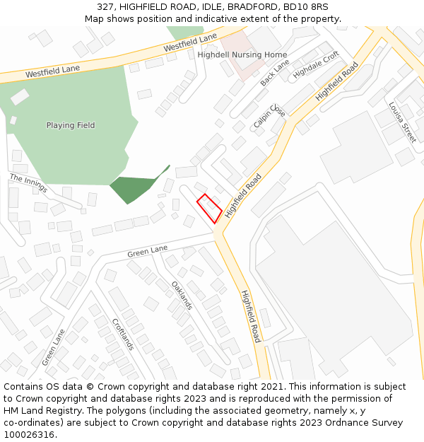 327, HIGHFIELD ROAD, IDLE, BRADFORD, BD10 8RS: Location map and indicative extent of plot