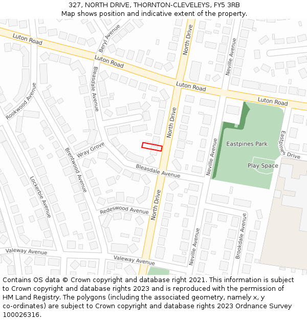 327, NORTH DRIVE, THORNTON-CLEVELEYS, FY5 3RB: Location map and indicative extent of plot