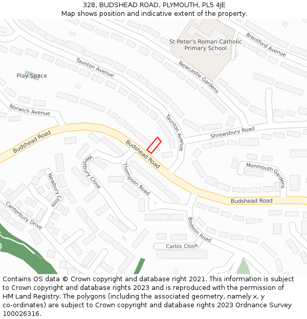 328, BUDSHEAD ROAD, PLYMOUTH, PL5 4JE: Location map and indicative extent of plot