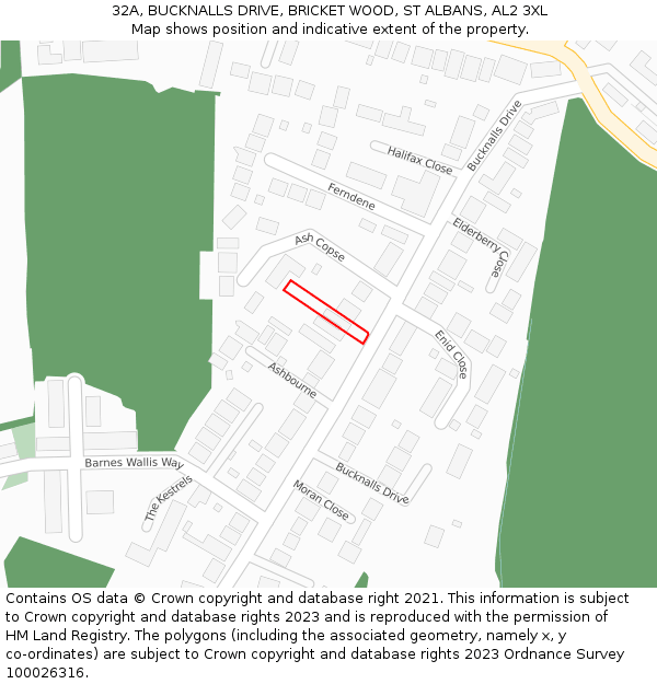 32A, BUCKNALLS DRIVE, BRICKET WOOD, ST ALBANS, AL2 3XL: Location map and indicative extent of plot