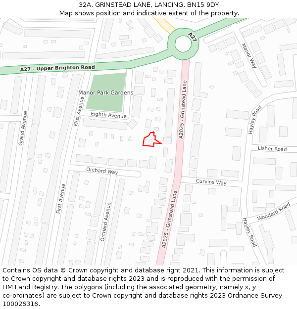 32A, GRINSTEAD LANE, LANCING, BN15 9DY: Location map and indicative extent of plot