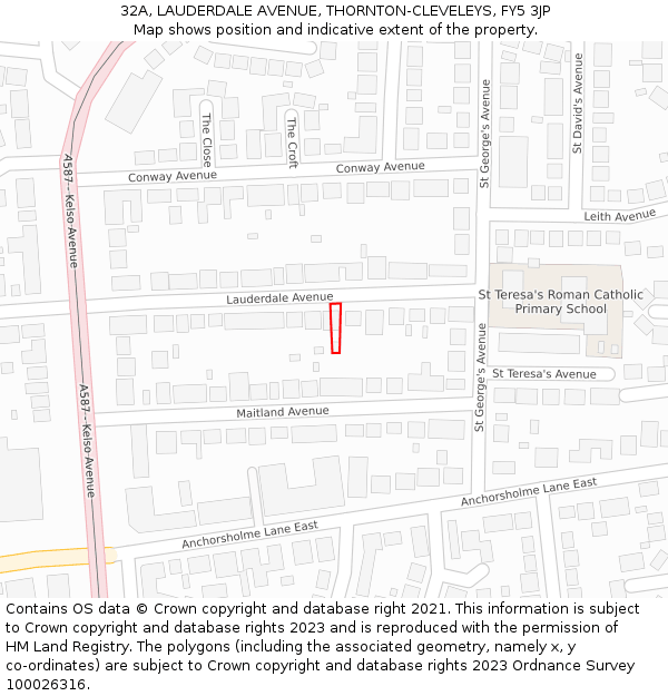 32A, LAUDERDALE AVENUE, THORNTON-CLEVELEYS, FY5 3JP: Location map and indicative extent of plot