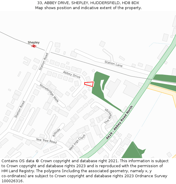 33, ABBEY DRIVE, SHEPLEY, HUDDERSFIELD, HD8 8DX: Location map and indicative extent of plot