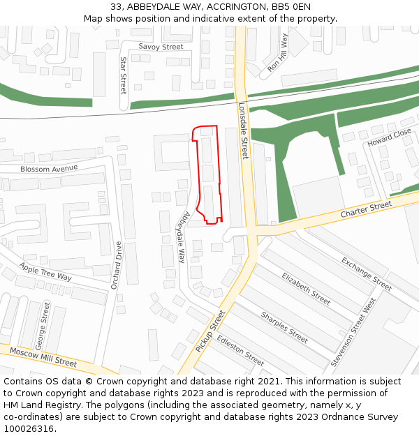 33, ABBEYDALE WAY, ACCRINGTON, BB5 0EN: Location map and indicative extent of plot