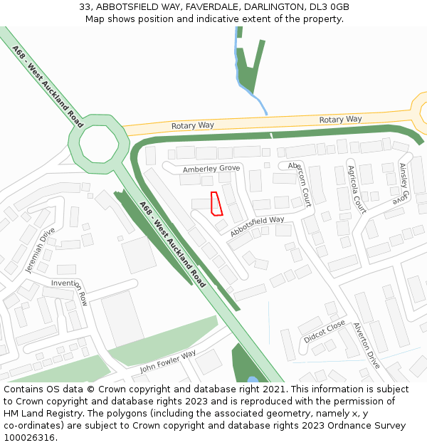 33, ABBOTSFIELD WAY, FAVERDALE, DARLINGTON, DL3 0GB: Location map and indicative extent of plot