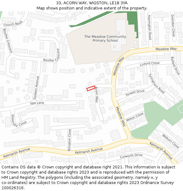 33, ACORN WAY, WIGSTON, LE18 3YA: Location map and indicative extent of plot