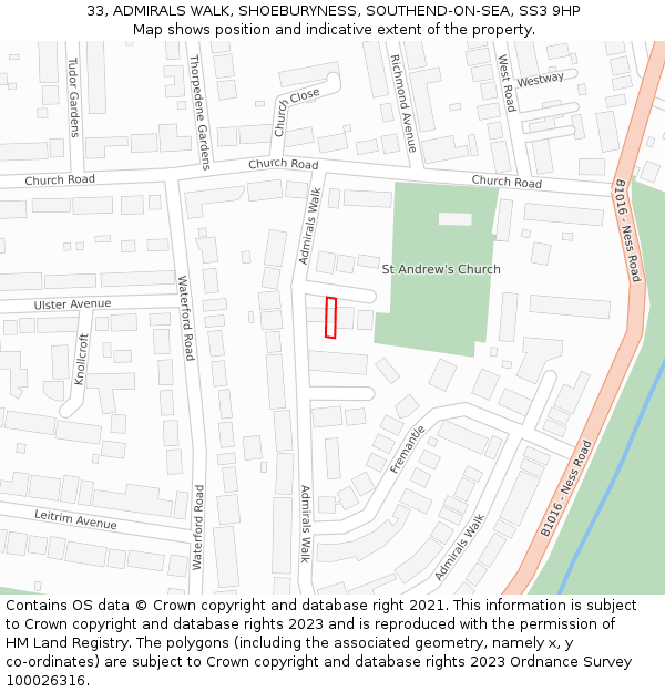 33, ADMIRALS WALK, SHOEBURYNESS, SOUTHEND-ON-SEA, SS3 9HP: Location map and indicative extent of plot