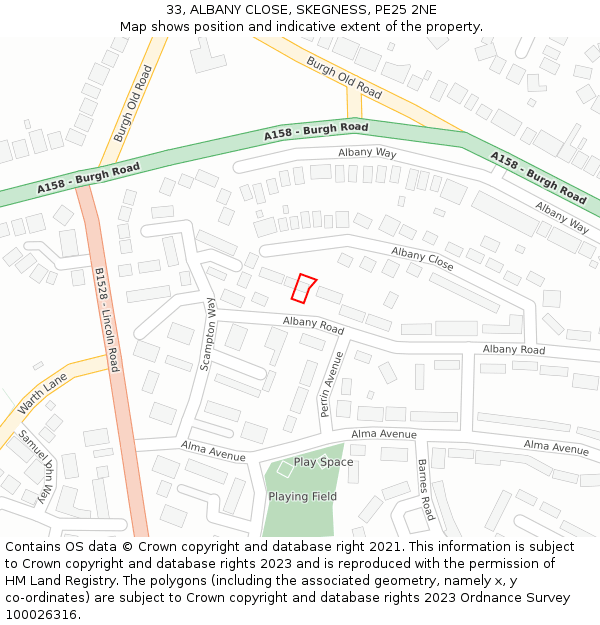 33, ALBANY CLOSE, SKEGNESS, PE25 2NE: Location map and indicative extent of plot