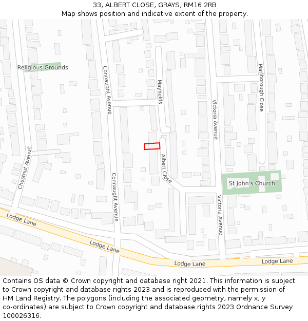 33, ALBERT CLOSE, GRAYS, RM16 2RB: Location map and indicative extent of plot