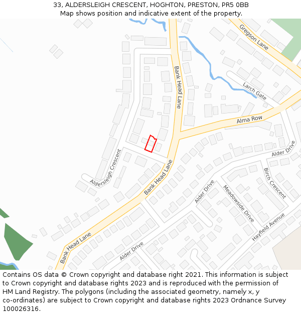 33, ALDERSLEIGH CRESCENT, HOGHTON, PRESTON, PR5 0BB: Location map and indicative extent of plot