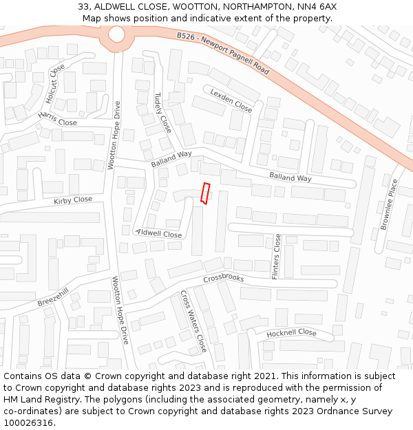 33, ALDWELL CLOSE, WOOTTON, NORTHAMPTON, NN4 6AX: Location map and indicative extent of plot