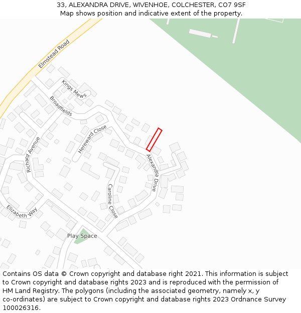 33, ALEXANDRA DRIVE, WIVENHOE, COLCHESTER, CO7 9SF: Location map and indicative extent of plot