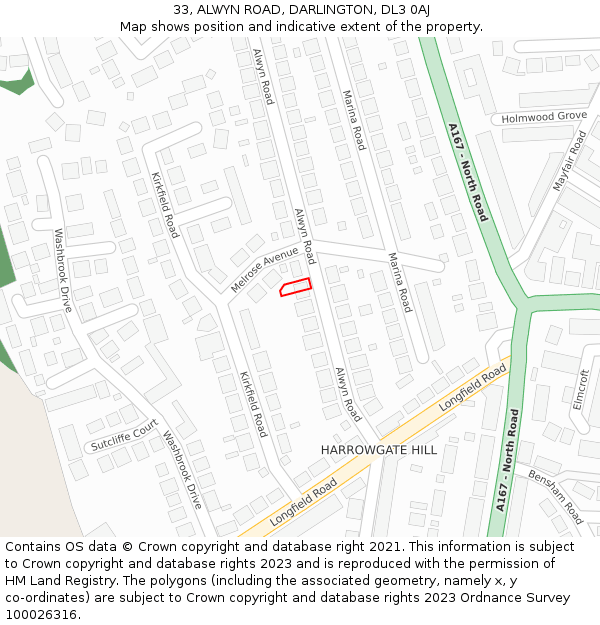 33, ALWYN ROAD, DARLINGTON, DL3 0AJ: Location map and indicative extent of plot