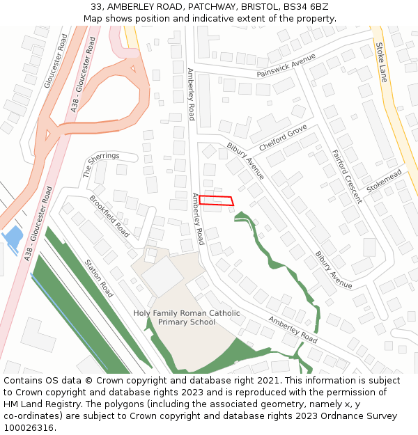 33, AMBERLEY ROAD, PATCHWAY, BRISTOL, BS34 6BZ: Location map and indicative extent of plot