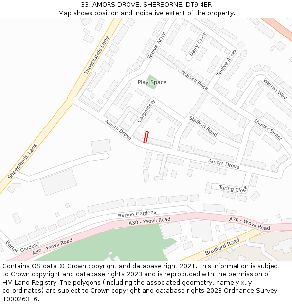 33, AMORS DROVE, SHERBORNE, DT9 4ER: Location map and indicative extent of plot