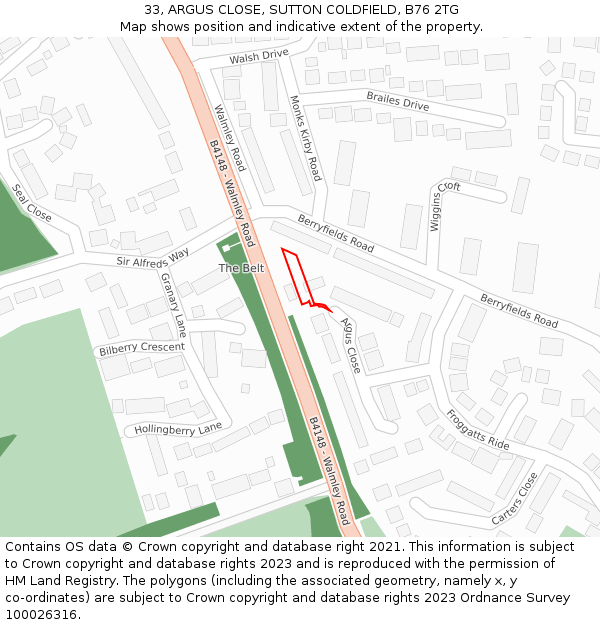 33, ARGUS CLOSE, SUTTON COLDFIELD, B76 2TG: Location map and indicative extent of plot