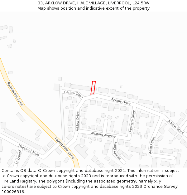 33, ARKLOW DRIVE, HALE VILLAGE, LIVERPOOL, L24 5RW: Location map and indicative extent of plot