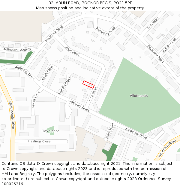 33, ARUN ROAD, BOGNOR REGIS, PO21 5PE: Location map and indicative extent of plot