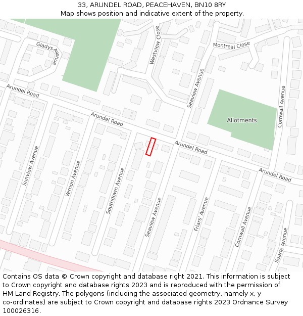 33, ARUNDEL ROAD, PEACEHAVEN, BN10 8RY: Location map and indicative extent of plot