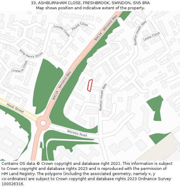 33, ASHBURNHAM CLOSE, FRESHBROOK, SWINDON, SN5 8RA: Location map and indicative extent of plot