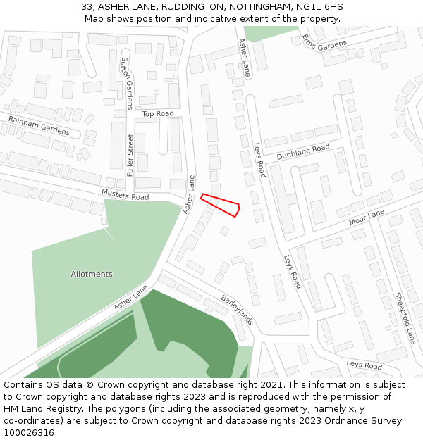 33, ASHER LANE, RUDDINGTON, NOTTINGHAM, NG11 6HS: Location map and indicative extent of plot