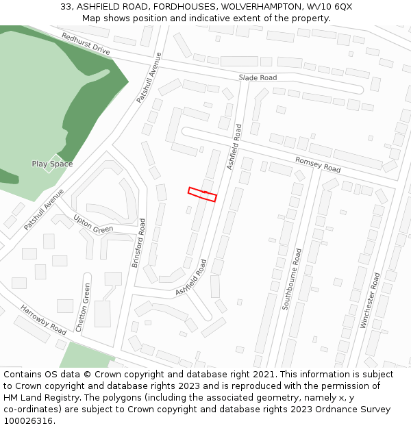 33, ASHFIELD ROAD, FORDHOUSES, WOLVERHAMPTON, WV10 6QX: Location map and indicative extent of plot