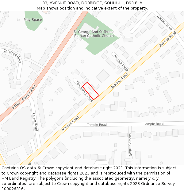 33, AVENUE ROAD, DORRIDGE, SOLIHULL, B93 8LA: Location map and indicative extent of plot