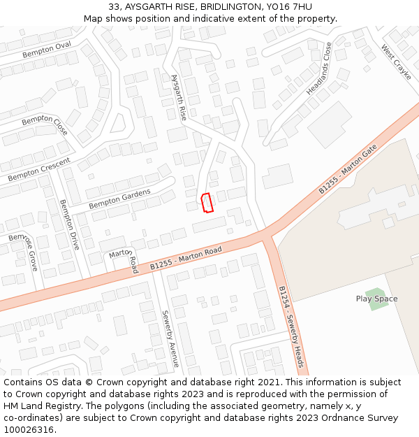 33, AYSGARTH RISE, BRIDLINGTON, YO16 7HU: Location map and indicative extent of plot