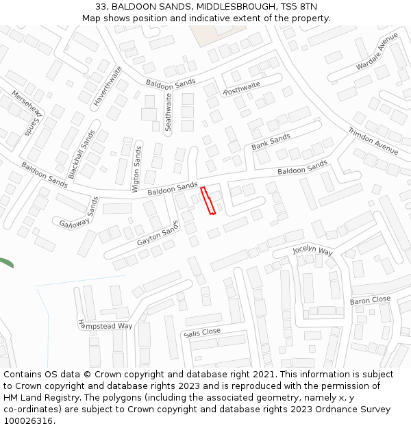 33, BALDOON SANDS, MIDDLESBROUGH, TS5 8TN: Location map and indicative extent of plot