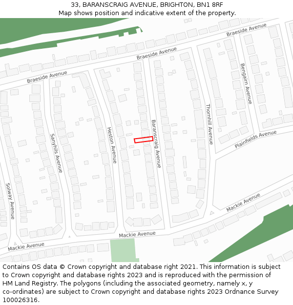 33, BARANSCRAIG AVENUE, BRIGHTON, BN1 8RF: Location map and indicative extent of plot