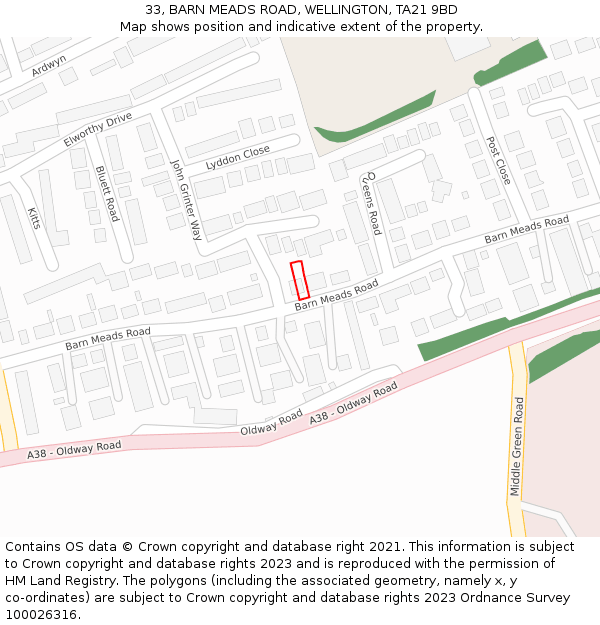 33, BARN MEADS ROAD, WELLINGTON, TA21 9BD: Location map and indicative extent of plot