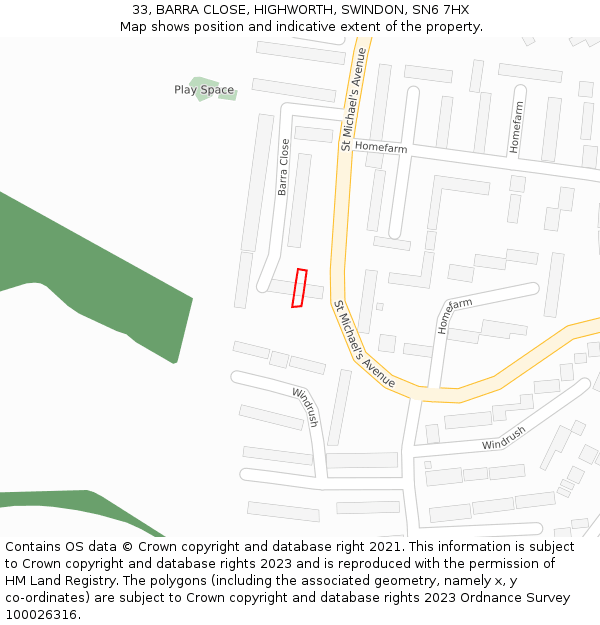 33, BARRA CLOSE, HIGHWORTH, SWINDON, SN6 7HX: Location map and indicative extent of plot