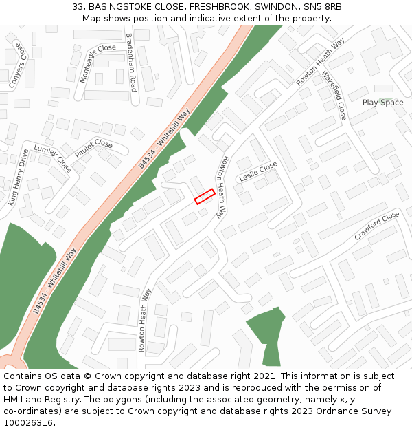 33, BASINGSTOKE CLOSE, FRESHBROOK, SWINDON, SN5 8RB: Location map and indicative extent of plot