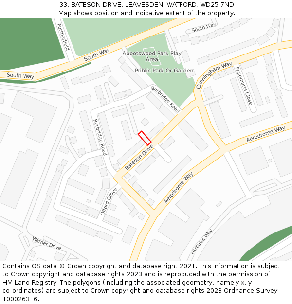 33, BATESON DRIVE, LEAVESDEN, WATFORD, WD25 7ND: Location map and indicative extent of plot