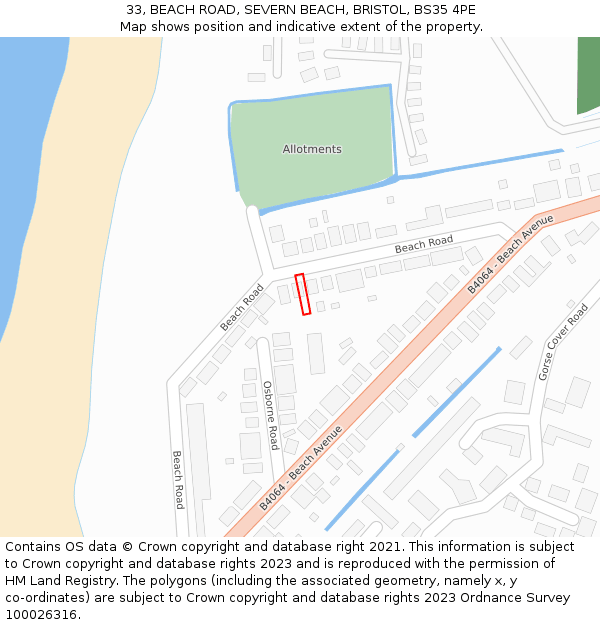 33, BEACH ROAD, SEVERN BEACH, BRISTOL, BS35 4PE: Location map and indicative extent of plot